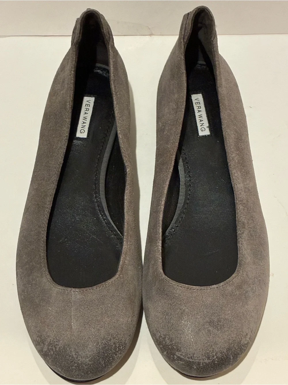 Vera Wang grey brushed suede ballet flats. Back zip. Sz 6.